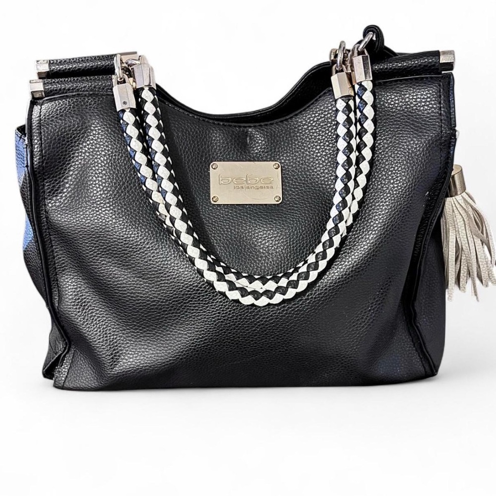 Bebe Black and White Shoulder Bag with Tassel